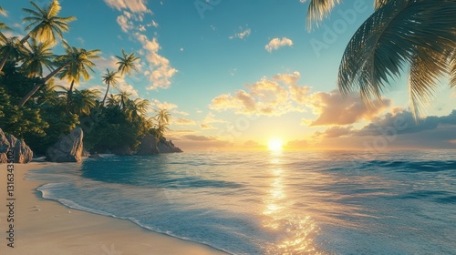 Fototapeta Naklejka Na Ścianę i Meble -  A breathtaking aerial view captures a serene beach adorned with swaying palm trees, as the sun sets on the horizon, casting vibrant hues of orange, pink, and purple across the sky.