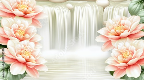 Serene Waterfall Scene with Pink Flowers