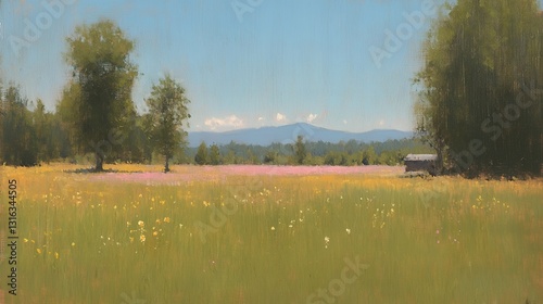 Summer Meadow Landscape Painting Trees Flowers Barn sky art oil sun pink blue calm farm