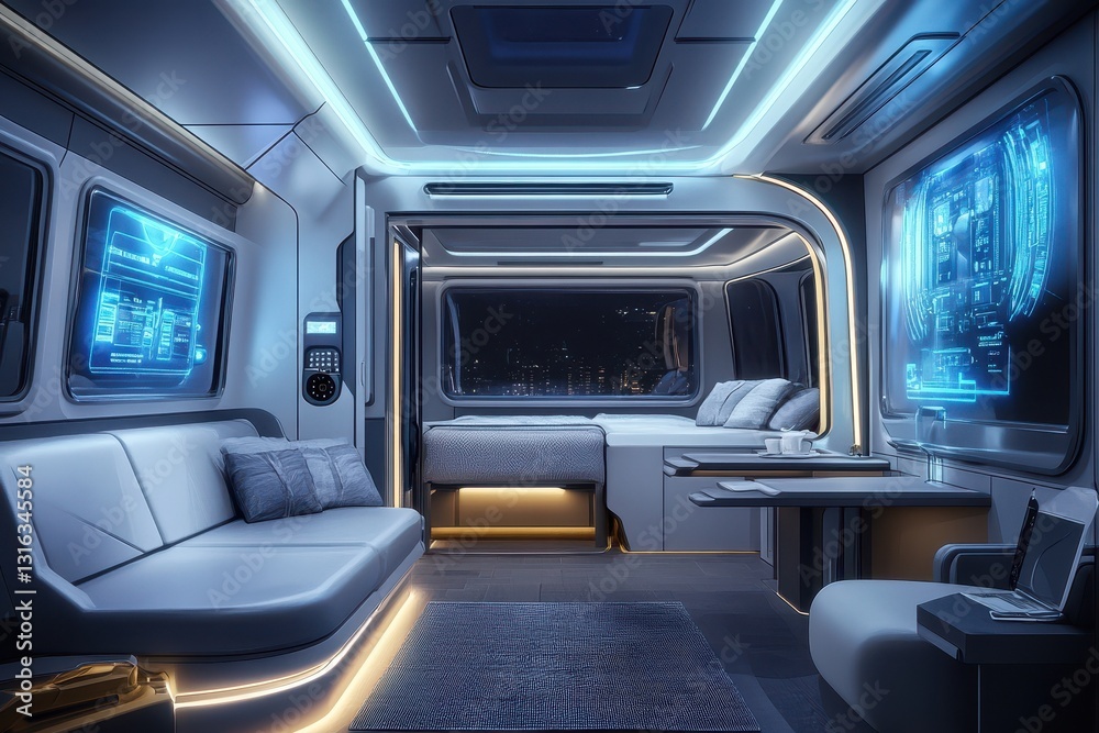 Fototapeta premium A futuristic interior scene with digital displays and integrated lighting
