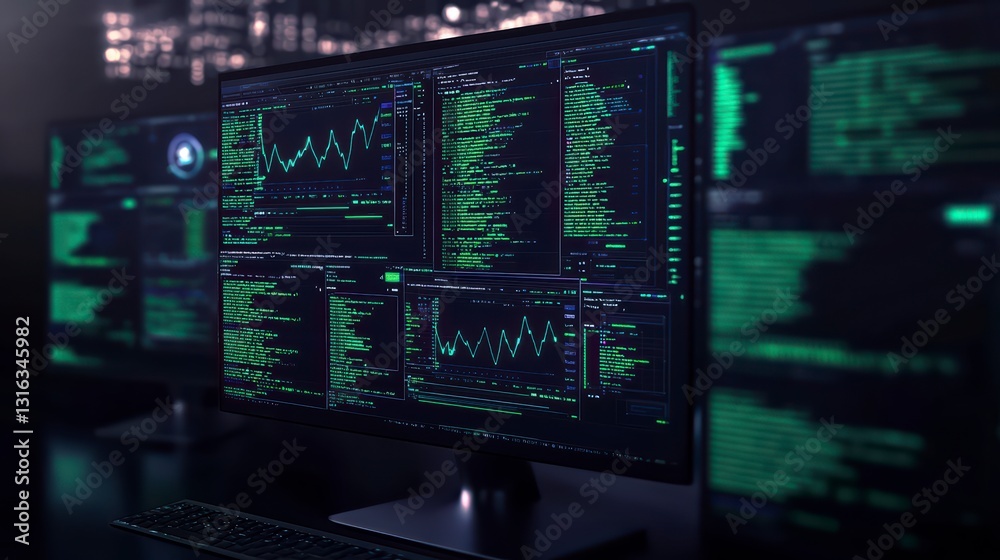 Cybersecurity Command Center: Multiple monitors displaying complex code, data streams, and system analytics in a dimly lit room, suggesting a high-stakes technological operation. Cybersecurity Command Center: Multiple monitors displaying complex code, data streams, and system analytics in a dimly lit room, suggesting a high-stakes technological operation.