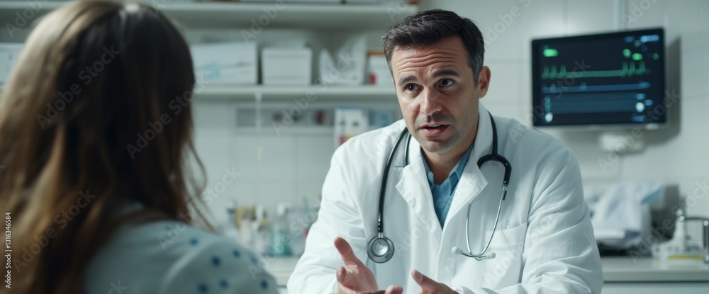 Obraz premium A doctor, dressed in a white coat, communicates effectively with a patient in a well-lit hospital room. The interaction highlights professionalism and care in a healing environment