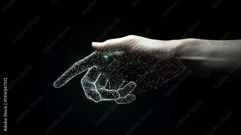 Obraz premium Abstract hand pointing, glowing network lines.