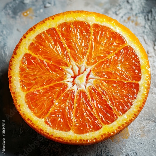 In a cross-section image, a ripe orange showcases its juicy pulp on a plain white background