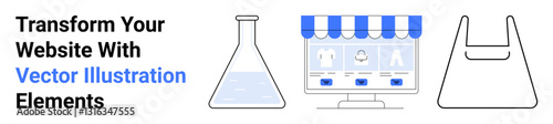 Laboratory flask filled with liquid and online store interface next to a shopping bag. Ideal for e-commerce, retail branding, science concepts, online marketing, innovation, tech, flat landing page