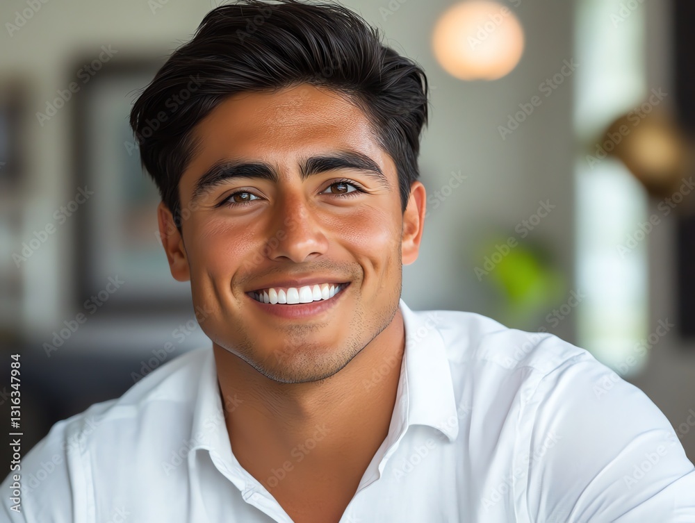 Smiling Young Man in a Bright Indoor Setting with Natural Light Smiling Young Man in a Bright Indoor Setting with Natural Light