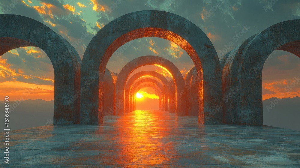 Fototapeta premium Sunset over a timeless plateau archways to forgotten eras