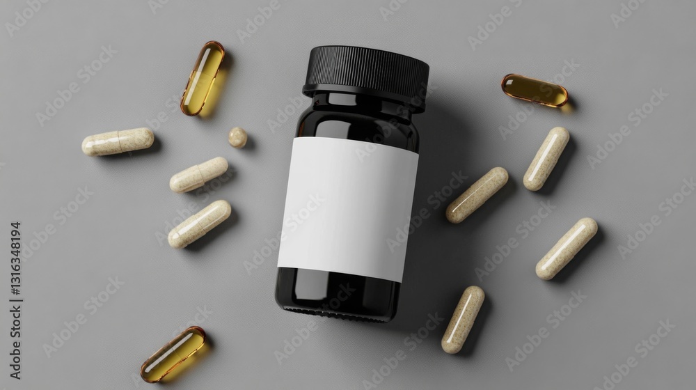 Naklejka premium Black Bottle with White Label and Assorted Capsules on Grey Background