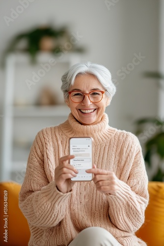 Wallpaper Mural An elderly woman smiles while holding her smartphone, pointing at a digital app interface. The setting is bright and inviting, ideal for showcasing senior-friendly technology Torontodigital.ca