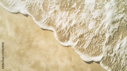 Waves Kissing the Shore: A serene aerial perspective captures the delicate dance of foamy waves gently caressing the pristine golden sands, creating a harmonious blend of textures and tones.