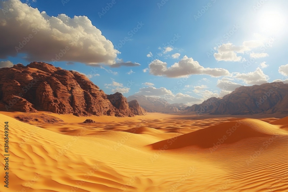 Naklejka premium Vast golden desert landscape with mountains under a bright blue sky and fluffy clouds