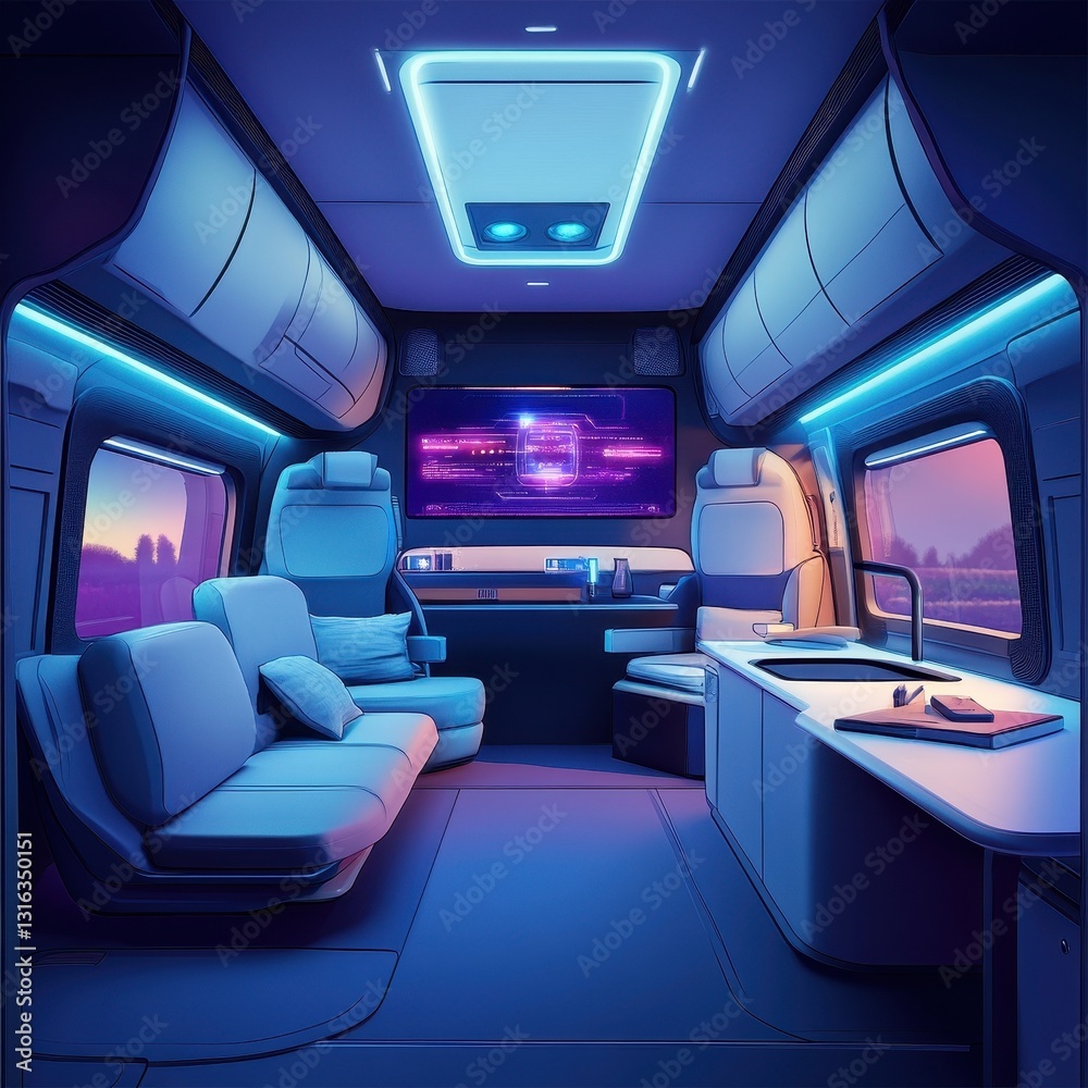Fototapeta premium A futuristic designed vehicle interior with seats and television screen