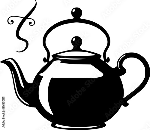 Monochrome teapot with spiral steam design black and white illustration artwork