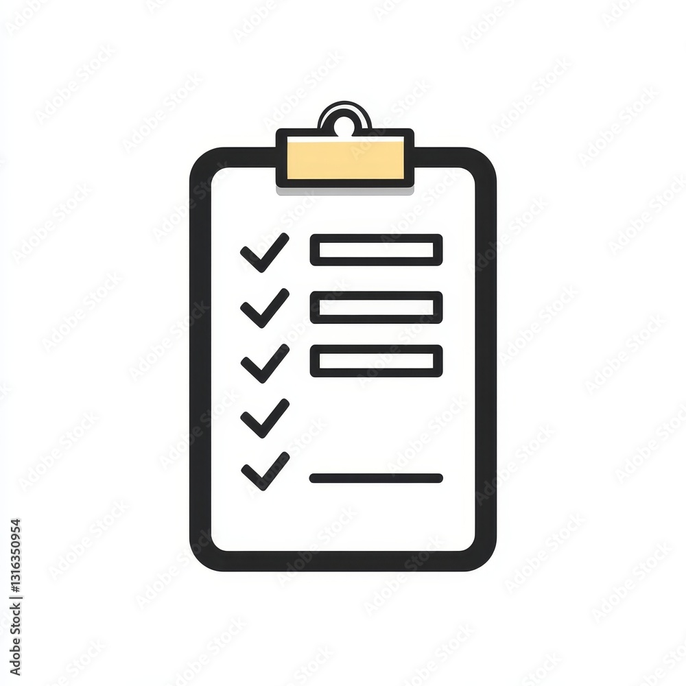 Black line art illustration of a standard clipboard with an accompanying checklist Black line art illustration of a standard clipboard with an accompanying checklist