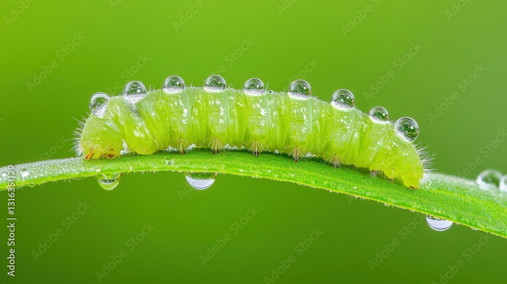 Fototapeta premium A close-up of a green caterpillar on a leaf, adorned with water droplets, set against a blurred green background.
