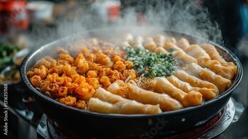 A steaming bowl of spring rolls and noodles, a fragrant and savory take-away meal, beckoned from the street vendor is cart, its vibrant hues a feast for the eyes and its aroma a symphony for the