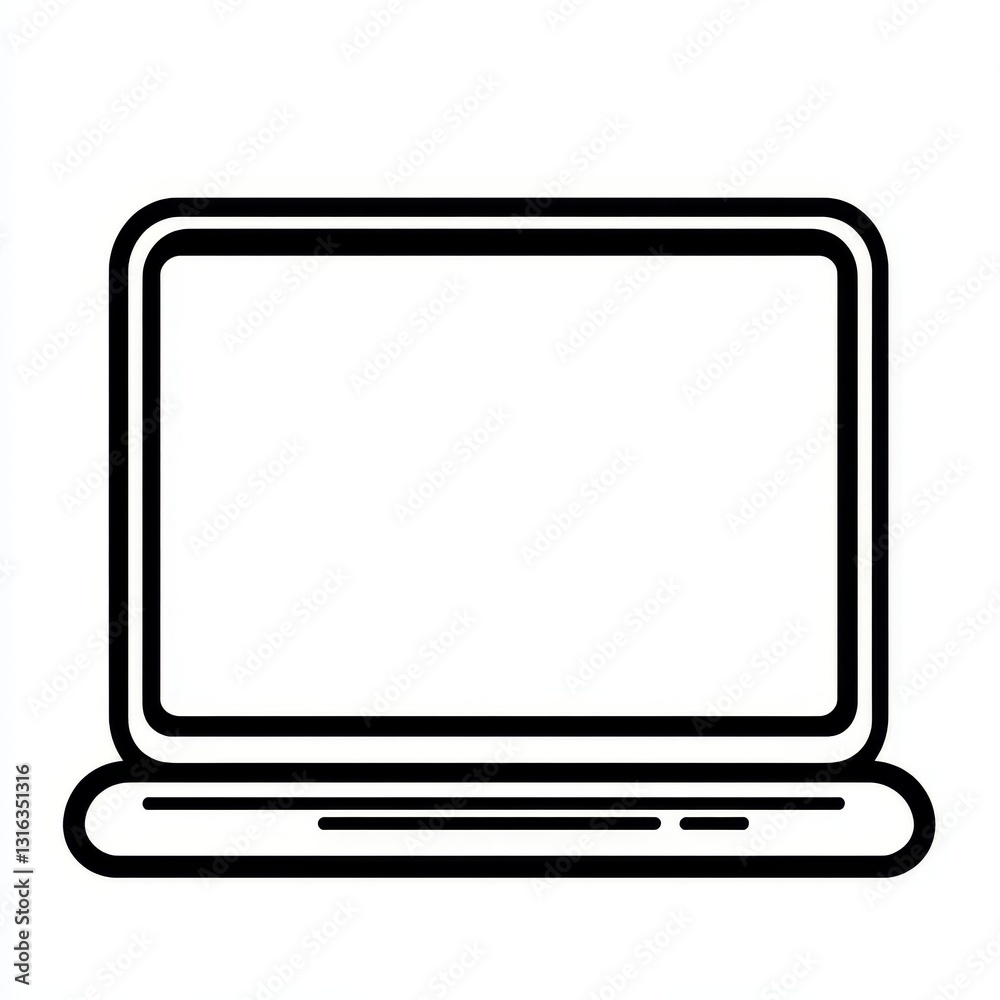 The minimalist line art icon shows a laptop with modern design elements, including a blank screen, keyboard, and trackpad, placed on a white background The minimalist line art icon shows a laptop with modern design elements, including a blank screen, keyboard, and trackpad, placed on a white background