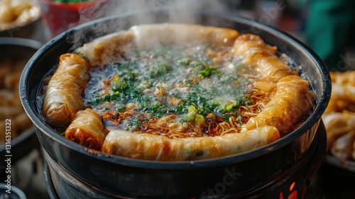 A steaming bowl of spring rolls and noodles, a fragrant and savory take-away meal, beckoned from the street vendor is cart, its vibrant hues a feast for the eyes and its aroma a symphony for the