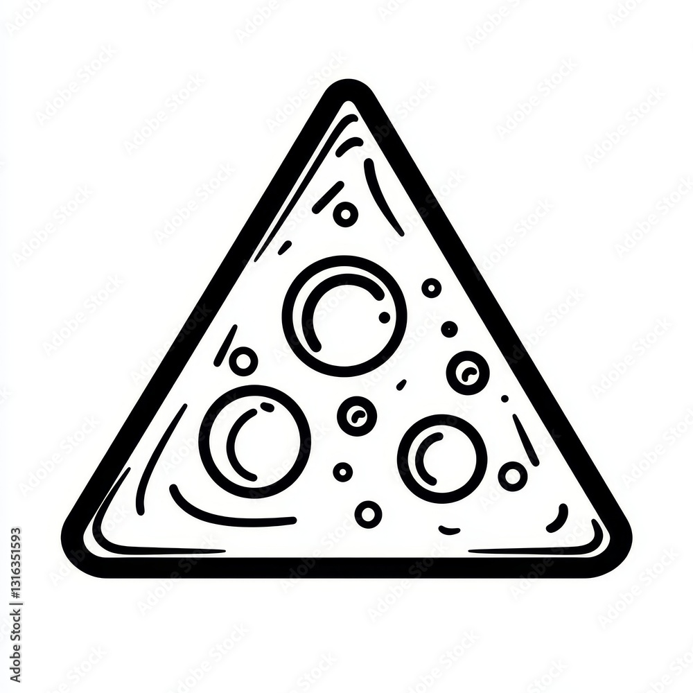A triangular pizza slice with toppings is represented in simple line art form, making it a great choice for food-related design projects A triangular pizza slice with toppings is represented in simple line art form, making it a great choice for food-related design projects