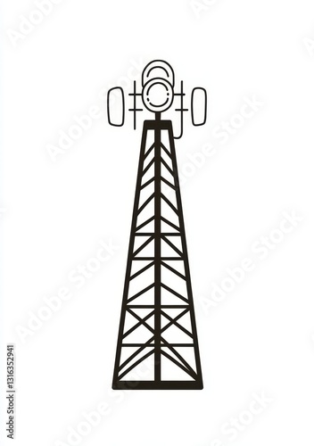 The illustration features an old vintage radio tower broadcast transmitter depicted in a scratch board style imitation as a black and white hand drawn PNG image