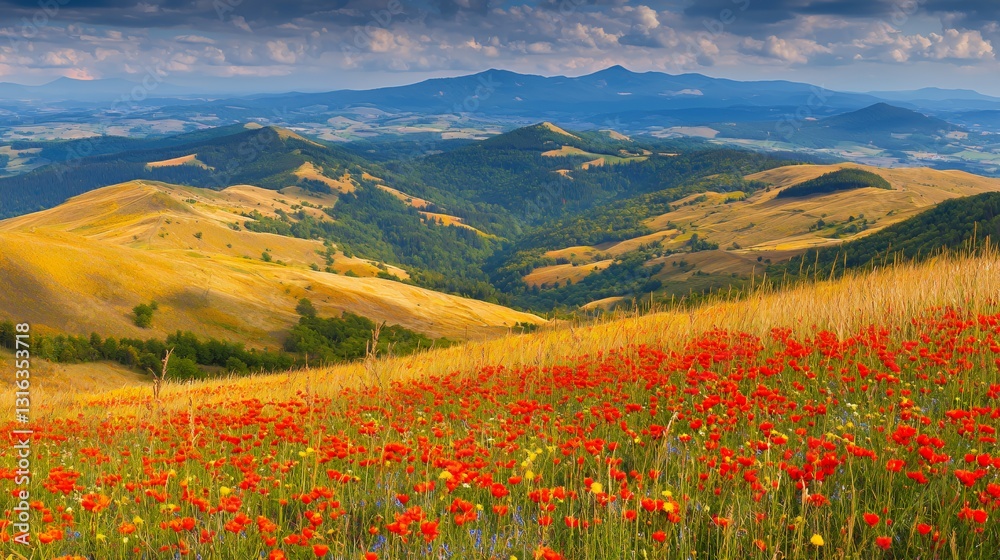Vibrant Red Poppy Field on Rolling Hills Under Dramatic Sky Vibrant Red Poppy Field on Rolling Hills Under Dramatic Sky