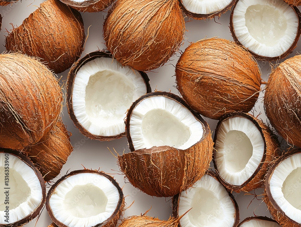 Fresh coconuts and pure coconut oil displayed together on a rustic wooden background Seamless Texture Fresh coconuts and pure coconut oil displayed together on a rustic wooden background Seamless Texture
