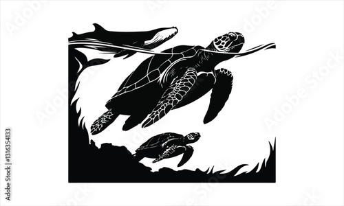 Turtles Swim Under Shark In Ocean