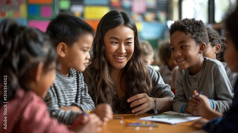 Obraz premium Dedicated female teacher engaging with enthusiastic elementary students, nurturing curiosity, inspiring a lifelong passion for learning.