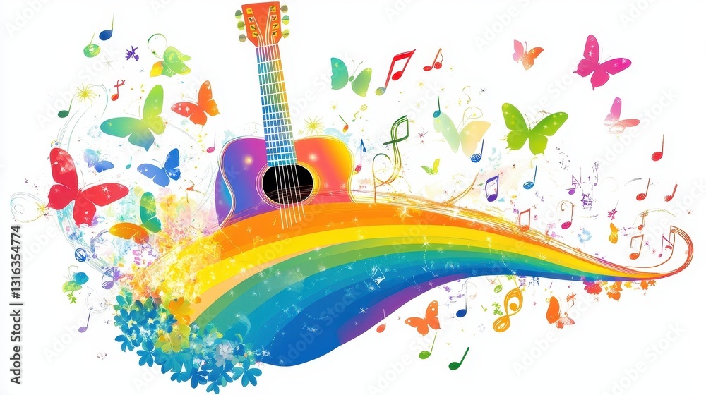 Fototapeta premium A colorful guitar is surrounded by butterflies and musical notes