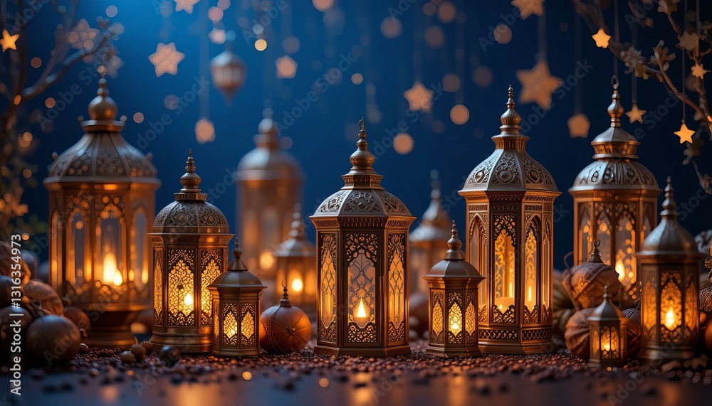 Obraz premium A Mystical Gathering Of Glowing Lanterns Under A Starlit Night, Celebrating Ramadan With Warm Golden Light And A Deep Blue Backdrop