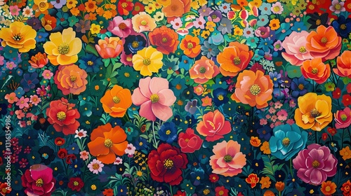 An intricate painting of a colorful garden with flowers in full bloom, displayed on a solid background.
