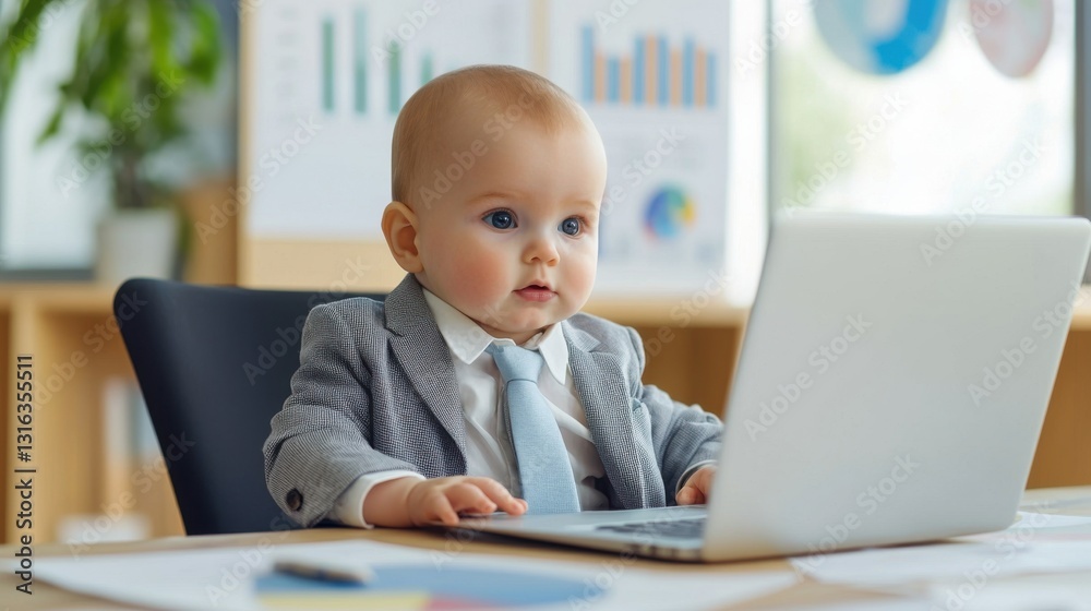 A baby in a tiny suit sitting at a conference table with a laptop, looking at business charts, playful corporate world, humorous career concept A baby in a tiny suit sitting at a conference table with a laptop, looking at business charts, playful corporate world, humorous career concept