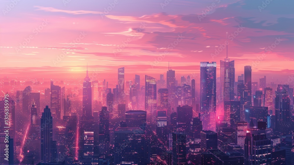 Fototapeta premium Modern Futuristic Cityscape At Twilight With Towering Skyscrapers Against A Gradient Sky