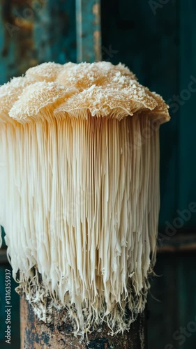 Unique and captivating lion's mane mushroom growing on a rustic wooden surface in a natural light setting