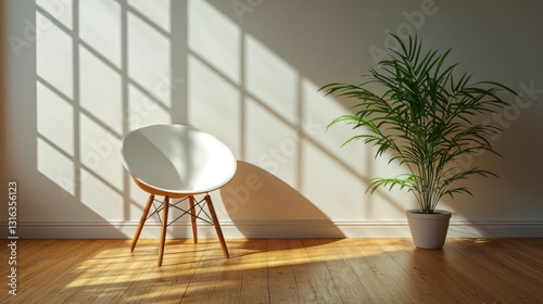 Sunlit room chair, plant, wooden floor. Sunlight casts shadows on the wall