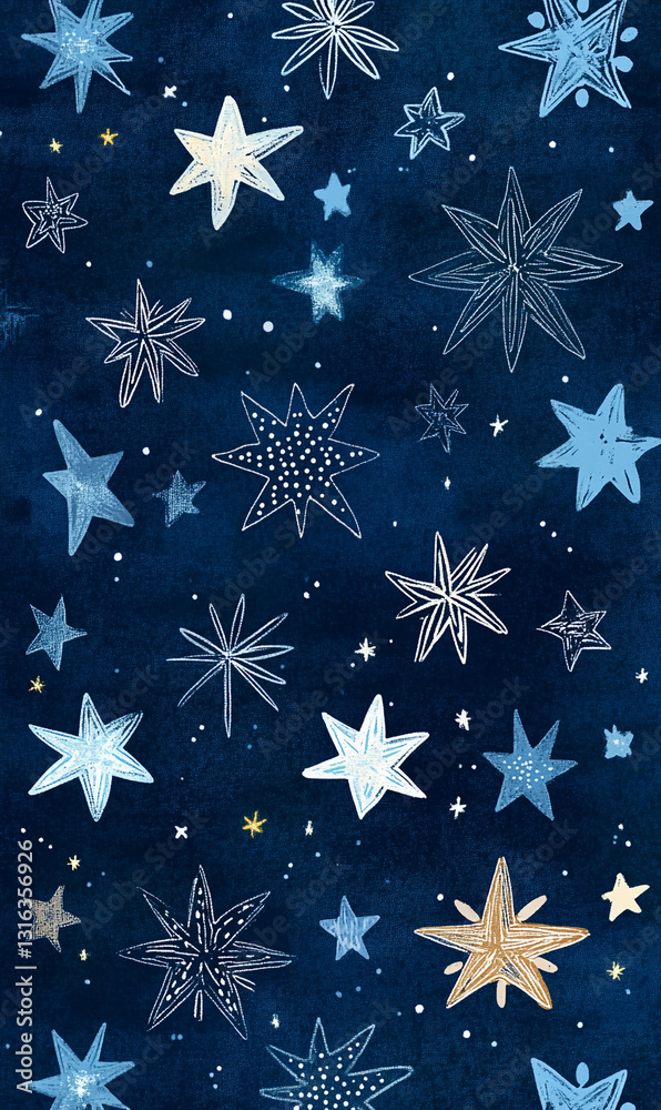Hand Drawn Starry Night Sky with Watercolor Texture and Diverse Star Designs for Backgrounds Hand Drawn Starry Night Sky with Watercolor Texture and Diverse Star Designs for Backgrounds