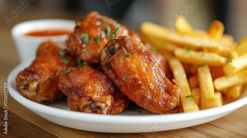 Golden and crispy, fried chicken wings, served alongside a generous heap of golden French fries, a symphony of savory flavors.