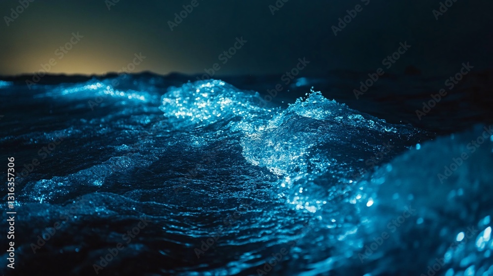 Naklejka premium Bioluminescent Waves Ocean Night Glowing Blue Water