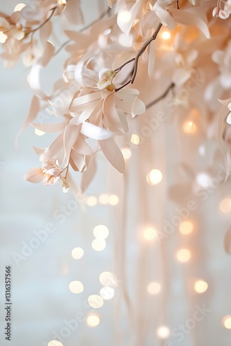 Soft ivory streamers and delicate floral arrangements create a romantic atmosphere. Blurred candlelight adds a dreamy glow, perfect for wedding invitations or decorations