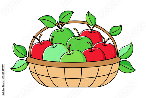 Rustic Basket of Apples. Red and Green Varieties with Fresh Leaves