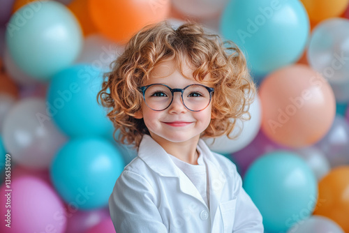 Cute child in glasses with curly hair, smiling against colorful balloons