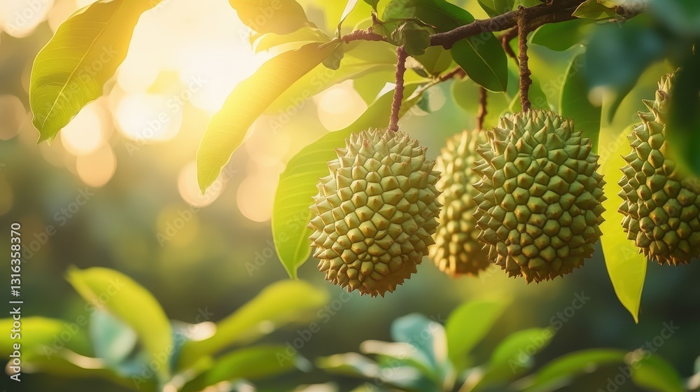 A serene image of durian fruit hanging from a tree, illuminated by warm sunlight filtering through lush green leaves. A serene image of durian fruit hanging from a tree, illuminated by warm sunlight filtering through lush green leaves.