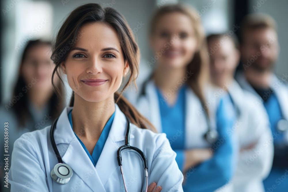 Professional healthcare team with smiling doctor in foreground Professional healthcare team with smiling doctor in foreground