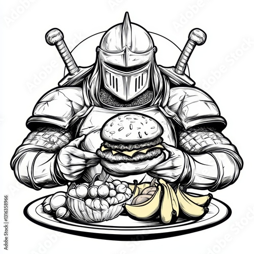 Medieval armor-clad knight enjoys a large burger, merging past and present with comedic effect in a sketch engraving style generative AI raster illustration that mimics scratch board techniques,