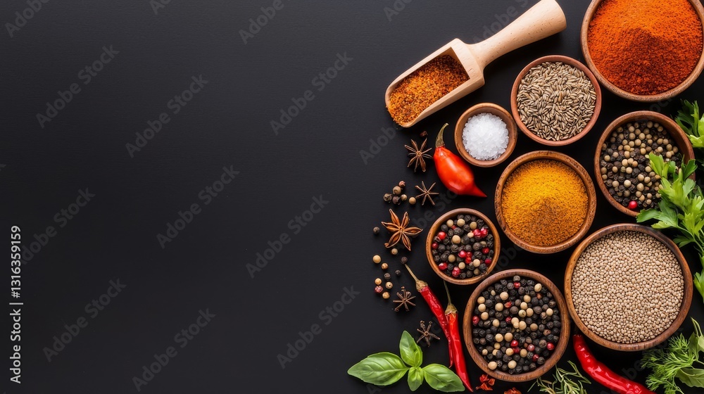 Assortment of Spices in Bowls with a Wooden Scoop on a Dark Background for Culinary and Healthy Eating. Assortment of Spices in Bowls with a Wooden Scoop on a Dark Background for Culinary and Healthy Eating.