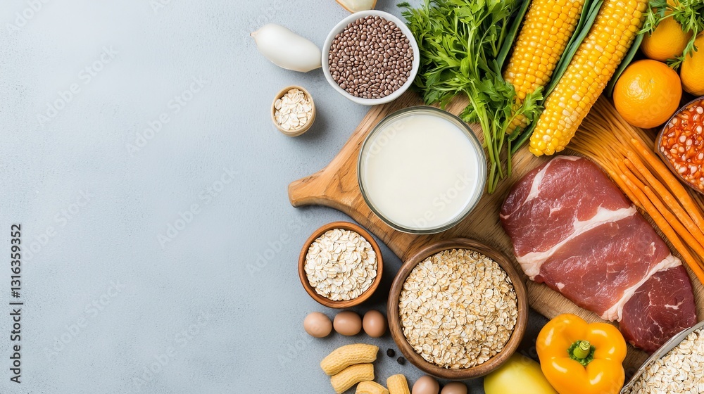 Balanced Diet & Healthy Eating Concept - Protein, Grains, Vegetables, Fruits & Dairy. Balanced Diet & Healthy Eating Concept - Protein, Grains, Vegetables, Fruits & Dairy.