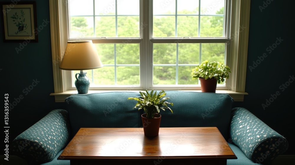 Serene window seat with plants and lamp. Serene window seat with plants and lamp.