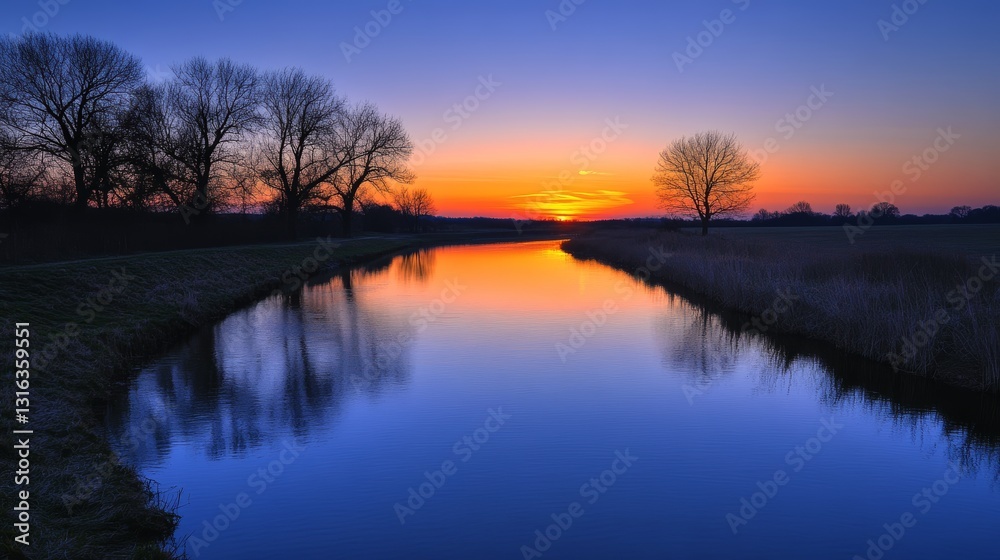 Tranquil River Twilight: Sunset Reflections & Bare Trees Tranquil River Twilight: Sunset Reflections & Bare Trees
