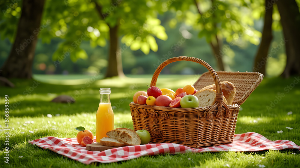 Traditional Wicker Picnic Basket with Fresh Fruits Bread and Juice on Checkered Cloth in Green Park - Bank Holidays Traditional Wicker Picnic Basket with Fresh Fruits Bread and Juice on Checkered Cloth in Green Park - Bank Holidays