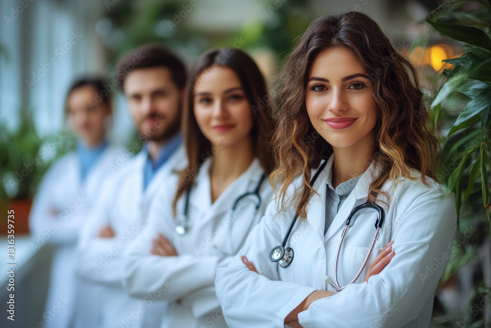 Healthcare professionals in white coats smiling confidently Healthcare professionals in white coats smiling confidently